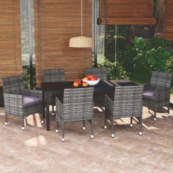 7-Piece Grey Poly Rattan Garden Dining Set with Cushions