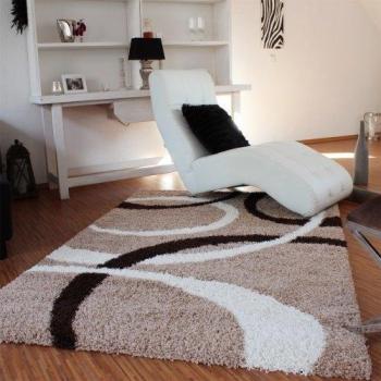 Alfombra De Pelo Largo Shaggy Con Dibujo De Líneas Beige Marrón Al Mejor Precio, Grösse:80x150 cm