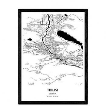 Poster Mapa de Tbilisi, Georgia - Lámina de Ciudad con Mares y Ríos en Color Negro, Tamaño A4 Sin Marco