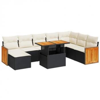 7-Piece Modular Garden Sofa Set with Cushions - Black Poly Rattan & Acacia