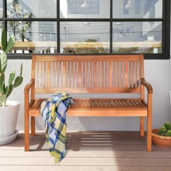 50-Inch Eucalyptus Two-Person Outdoor Garden Bench with Curved Backrest and Wide Armrest