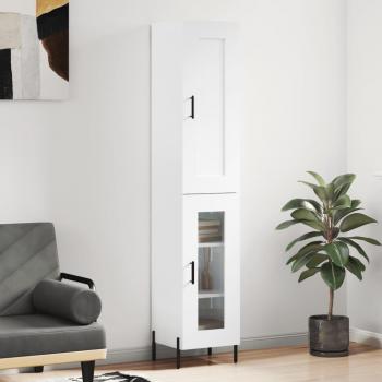 Aparador alto de madera contrachapada con acabado en blanco brillo, dimensiones 34,5x34x180 cm, cuenta con 1 puerta de cristal, ideal como mueble de almacenaje para salón o buffet y armario auxiliar