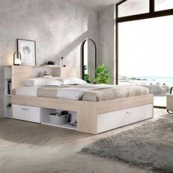 Cama Lanka con cabecero estantería - 95x147x219 cm - natural/blanco