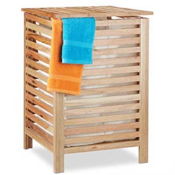 Cesto de Ropa Sucia de Madera de Nogal con Tapa y Saco Lavable, 52L, 65.5x45x45 cm, Natural