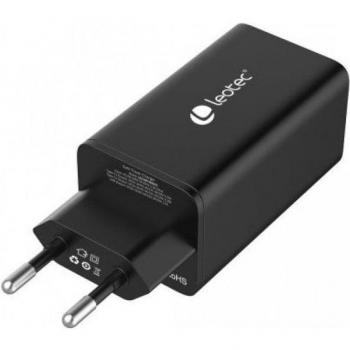 Leotec Cargador de Pared GaN 65W con 2 Puertos USB-C Power Delivery (PD) y 1 Puerto USB-A Negro