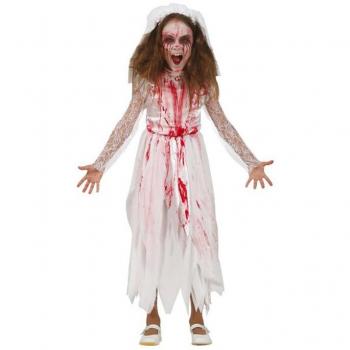 Disfraz de Novia Sangrienta para niña - Incluye vestido blanco con manchas de sangre, velo, y accesorios; disponible en varias tallas; ideal para Halloween o fiestas de disfraces