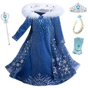 YOSICIL Vestido Elsa con Capa Disfraz de Princesa de Invierno Niñas Manga Larga Vestido Frozen Nieve Traje de Fiesta Costume Princesa Anna para Regalo Cumpleaños Boda Vestido Largo 3-10Años,Azul 130