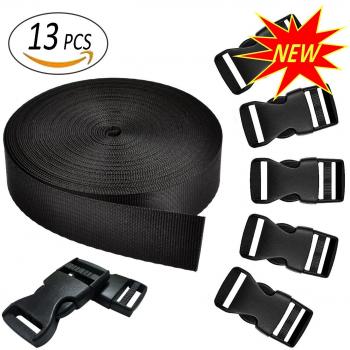 REKYO Cincha Pesado De 1 Pulgada Ancho 10 Yardas Nylon Negro Y 12 PC Lado Plano Versión Hebillas Nylon Correas Cinta para Mochila De Bricolaje para Embalaje