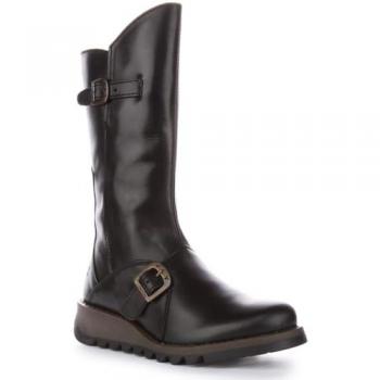 Fly London Women's Mes II Black Leather Low Wedge Calf Boots