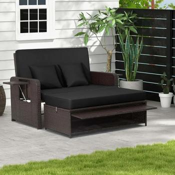 Rattan Daybed with 4-Level Adjustable Backrest & Retractable Side Tray
