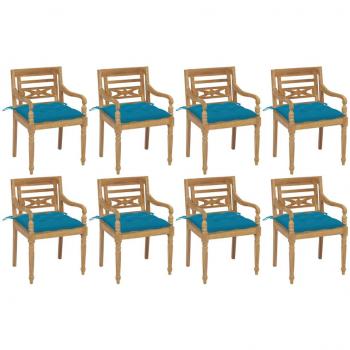 Sillas Batavia de madera maciza de teca con almohadas, 8 piezas