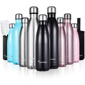 Botella de agua de acero inoxidable con doble pared aislada al vacío, de Sportneer; incluye un cepillo de limpieza y una funda negra para botella