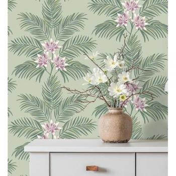 Papel Pintado Tropical Hojas de Palmera y Flores Verde Claro - Rollo 10 m x 0,53 m GAULAN 682363