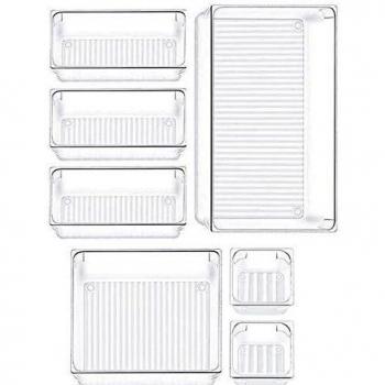7 Piezas Organizadores Transparentes para Cajones, Cajas Bandejas de Plástico Apilables Almacenamiento, Organizador de Maquillaje, para Escritorio, Cocina, Baño, Maquillaje, Armario - 4 Tamaños