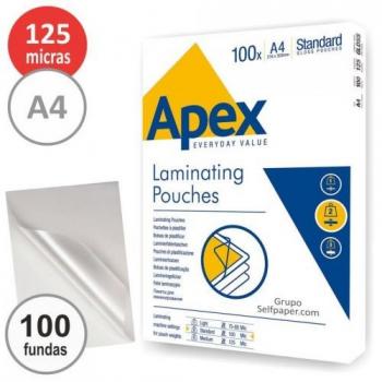 Pack de 100 fundas para plastificar A4 de 125 micras, acabado brillo de la marca Apex