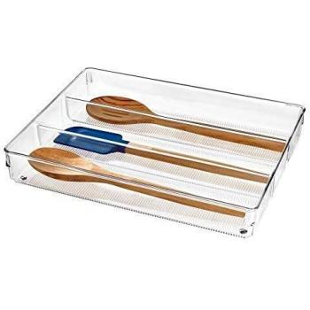 iDesign Cubertero para dividir cajones, separador de cajones grande de plástico para cubiertos y otros utensilios, organizador de cajones con 3 compartimentos, transparente