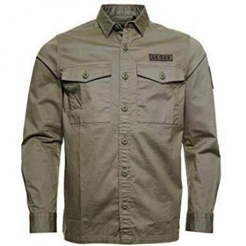 Superdry Hombre Camisa de Manga Larga Core Military Patched Verde Pizarra XL