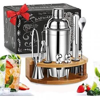 LINGLAN - Juego de coctelera de Barman con Soporte de bambú, 12 Piezas de Acero Inoxidable Profesional Martini coctelera con Recetas de coleta