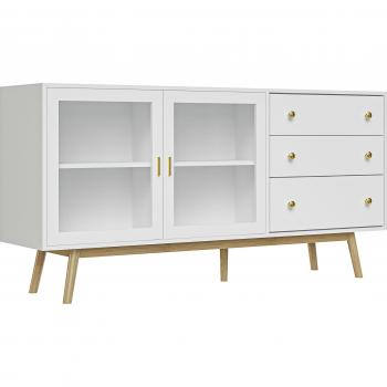 Aparador de Cocina con 2 Puertas de Vidrio 3 Cajones y Patas de Madera de Caucho para Comedor 160x40x80 cm Blanco
