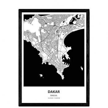 Póster A3 con Mapa de Dakar, Senegal - Lámina de Ciudad Africana en Color Negro con Mares y Ríos (Sin Marco)