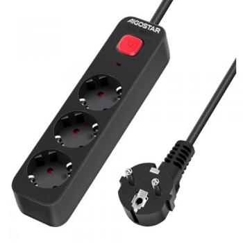 Regleta de Enchufes Aigostar, Alargador de 3 Enchufes con Interruptor y Cable de 3 Metros, Negro