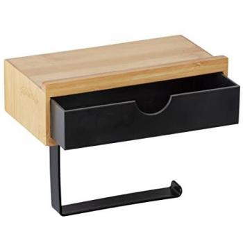 Portarrollos de papel higiénico Bambusa con cajón y soporte para smartphone, de bambú, 18.5x14x10.5 cm, colores negro y marrón