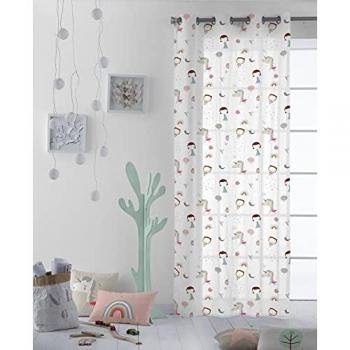 Cortina Infantil con Ojales 100% Algodón Unicornio Rosa Haciendo el Indio 140x260 cm Fabricada en España