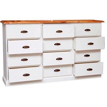 Cajonera Vintage Shabby Chic de Madera Maciza de Tilo, Marco Blanco Envejecido, 12 Cajones, 170x40x100 cm