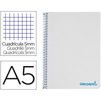 Cuaderno espiral liderpapel A5 micro wonder tapa plastico 120h 90g cuadro 5mm 5 bandas 6 taladros color gris.