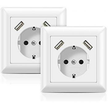 2 X USB Enchufes pared Blanco Toma de Corriente con 2 puertos USB 3.4A Schuko Enchufe Superficie Cabe en Caja Estándar Empotrada para Cargar Dispositivos Móviles Smartphone MP3 Tableta