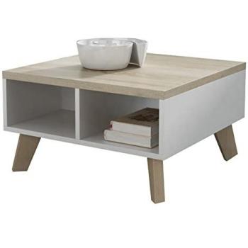 Mesa de centro Charlotte G100, Aglomerado laminado Blanco y Roble Sonoma, 60x60x35cm, Angular