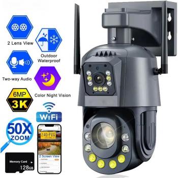Cámara IP Wi-Fi HD 6MP PTZ con Zoom 50X, Audio Bidireccional, Visión Nocturna a Color, Impermeable para Exterior, CCTV de Vigilancia y Seguridad