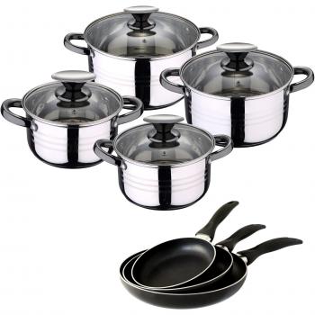 San Ignacio - Cocina- Batería 11 piezas: 4 cacerolas 4 tapas de vidrio y 3 sartenes 16/20/24, acero inoxidable, inducción