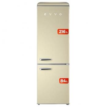 Frigorífico Combi Evvo F55 Retro Beige, 216 litros refrigerador, 84 litros congelador, diseño vintage, cajón Crisper Zone, Turbo fan, libre de gas CFC