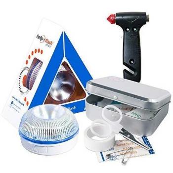 HELP FLASH SMART- luz emergencia AUTÓNOMA señalización peligro/linterna, homologada, DGT, V16 AUTOMÁTICA + MARTILLO Emergencia: rompeventanas+cortador cinturón, y de REGALO, CAJA KIT PRIMEROS AUXILIOS