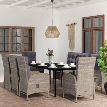 9 Piece Outdoor Dining Set with Cushions in Grey and Black