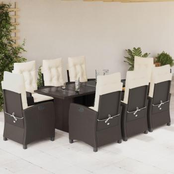 9-Piece Brown Poly Rattan Garden Dining Set with Cushions