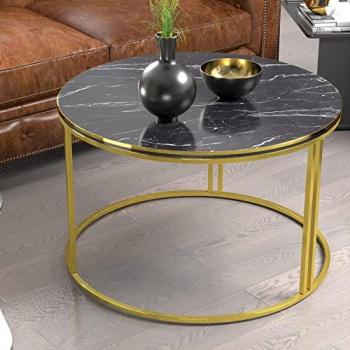 Mesa de Centro Redonda Aulum 50 x Ø 70 cm - Aglomerado y Metal con Acabado en Mármol Negro y Dorado
