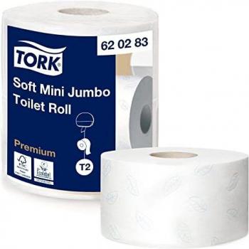 Tork 620283 Rollos de papel higiénico mini Jumbo Premium de 2 capas compatibles con el sistema higiénico minijumbo T2, 2 rollos