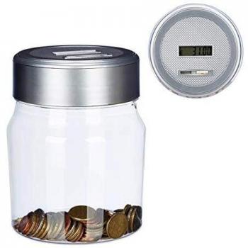 Hucha Contadora Digital Transparente de 1,2L con Pantalla - Relaxdays