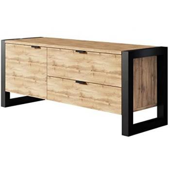 Mueble TV Utica 116, 115x47x35 cm, color Wotan roble y negro, con 1 puerta y 2 cajones