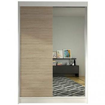 Armario Corredero Atlanta 147 Blanco y Roble Sonoma con Espejo, 120x200x58cm, 5 Estantes