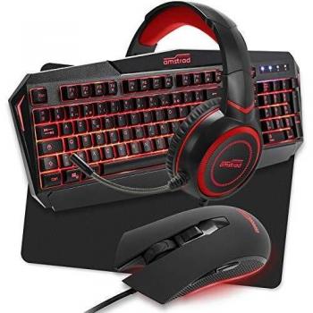 Pack Pro Gamer Redemption 5 Piezas: Teclado AZERTY con Retroiluminación Roja + Ratón + Alfombrilla + Auriculares + Adaptador - Amstrad