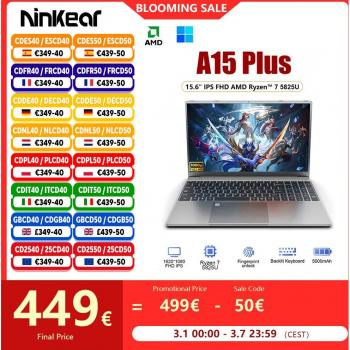 Ninkear A15 Plus Laptop Gaming 15,6 FHD IPS AMD Ryzen 7 5825U 4.5GHz, 32GB RAM, 1TB SSD, Teclado Retroiluminado, Windows