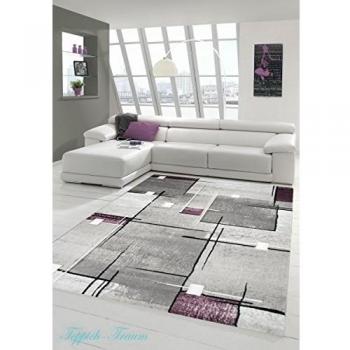 Sala de estar diseñador Alfombra Alfombra contemporánea, bajo pelo de la alfombra contorno cortar diamantes patrón del blanco gris púrpura Größe 160x230 cm