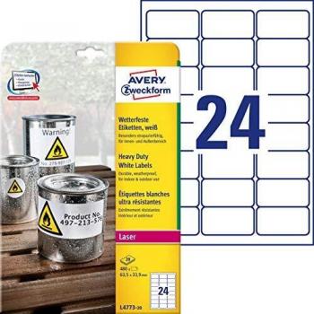 Etiquetas de Poliéster Impermeables A4 Avery Zweckform L4773-20, 63,5 x 33,9 mm, 480 Etiquetas (20 Hojas), Adhesivo Permanente para Laser y Fotocopiadoras