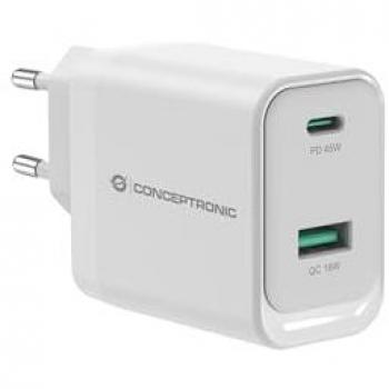 Cargador de pared 2 puertos 45W USB-C y USB-A Conceptronic Althea, carga rápida, color blanco