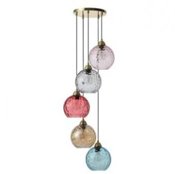 Lámpara de metal y vidrio coloreado SUSANNE - 5 globos - Ancho 40 x Altura 120 cm - Dorada y multicolor