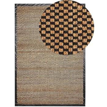 Alfombra rústica rectangular de yute, algodón y cuero 140 x 200 cm, tejida a mano, patrón cuadriculado en negro y beige