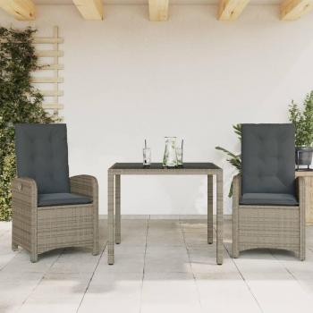3-Piece Grey Poly Rattan Garden Dining Set with Cushions